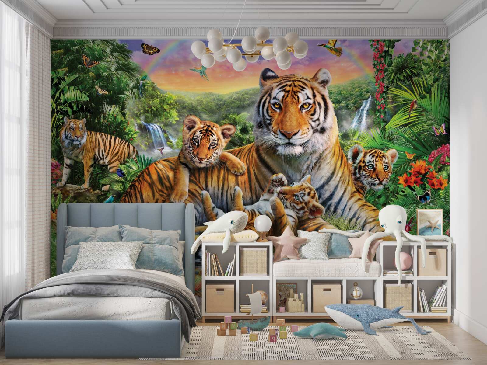 Papier peint mère et petit tigre se reposant dans la jungle