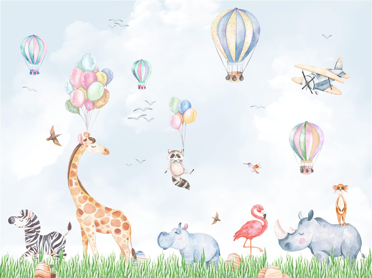 Papier peint les animaux se promènent parmi les ballons