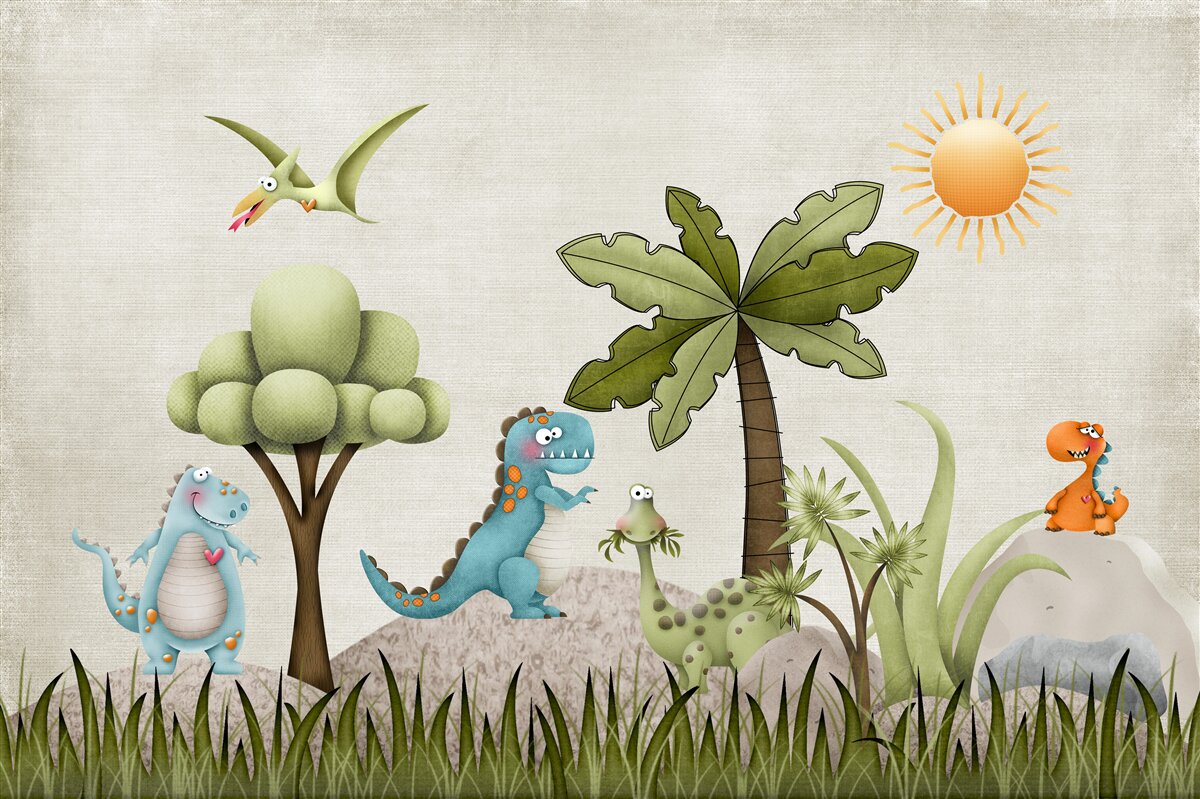 Papier peint bosquet vert avec dinosaures