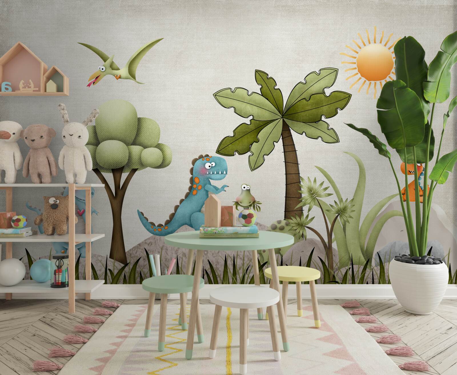 Papier peint bosquet vert avec dinosaures
