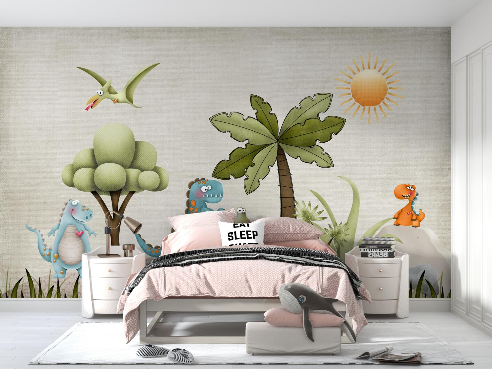 Papier peint bosquet vert avec dinosaures
