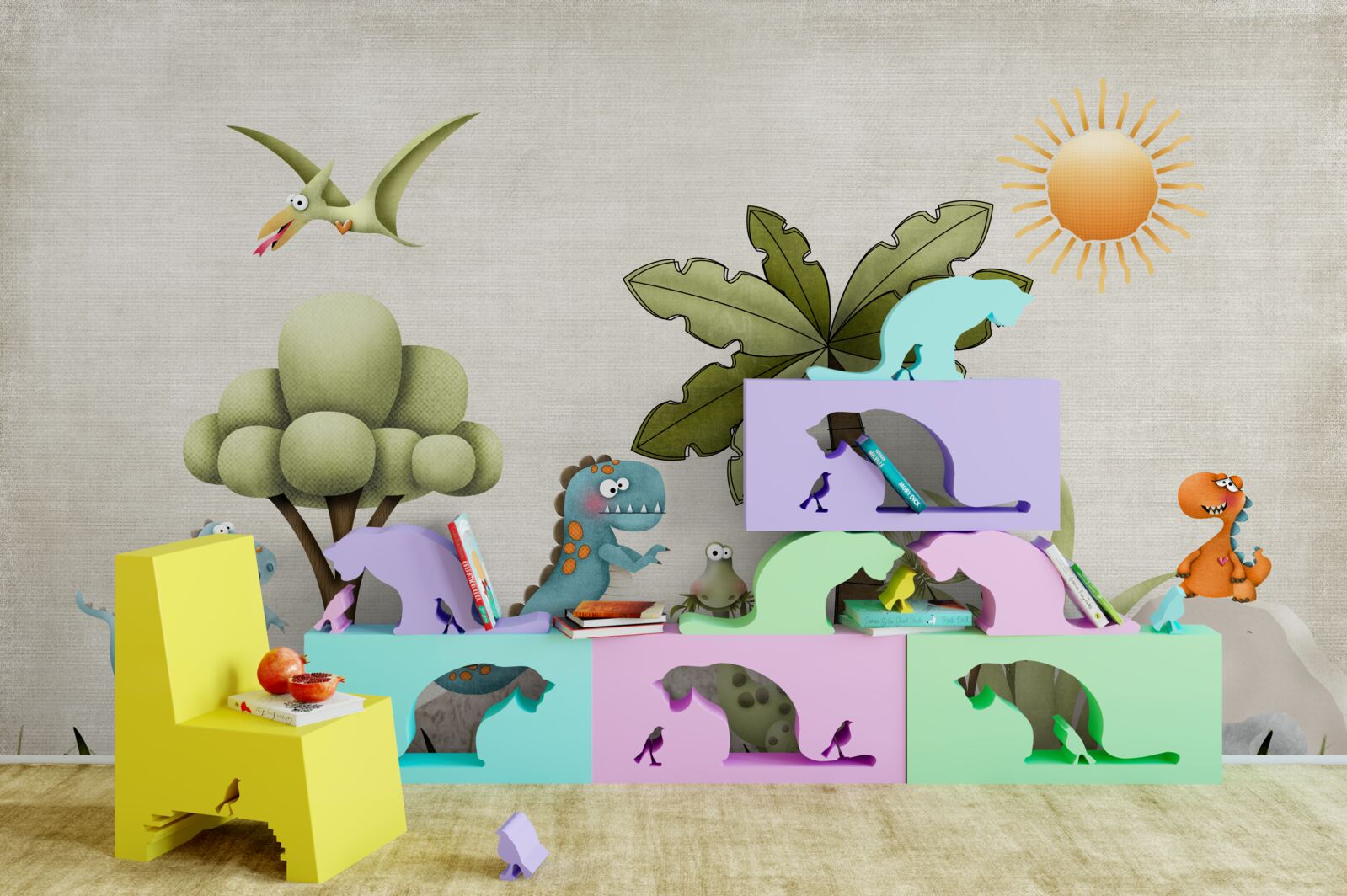 Papier peint bosquet vert avec dinosaures
