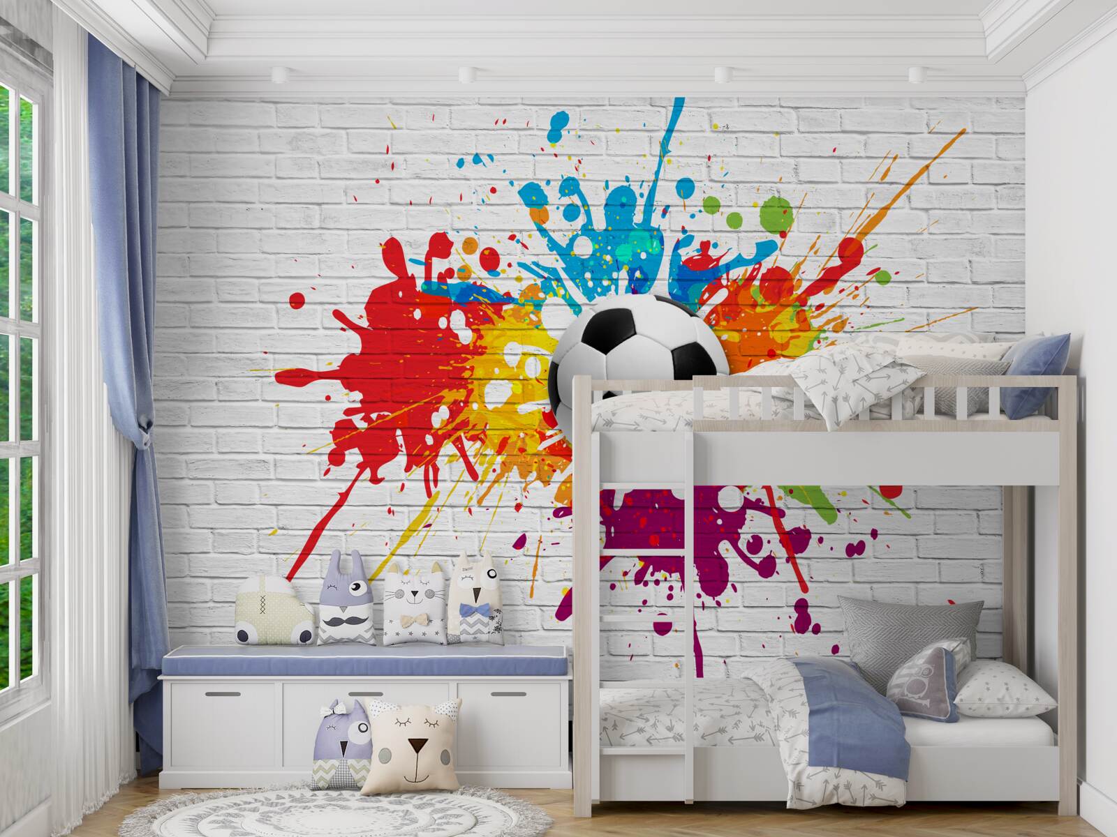 Papier peint il y a un ballon de football sur le mur de briques