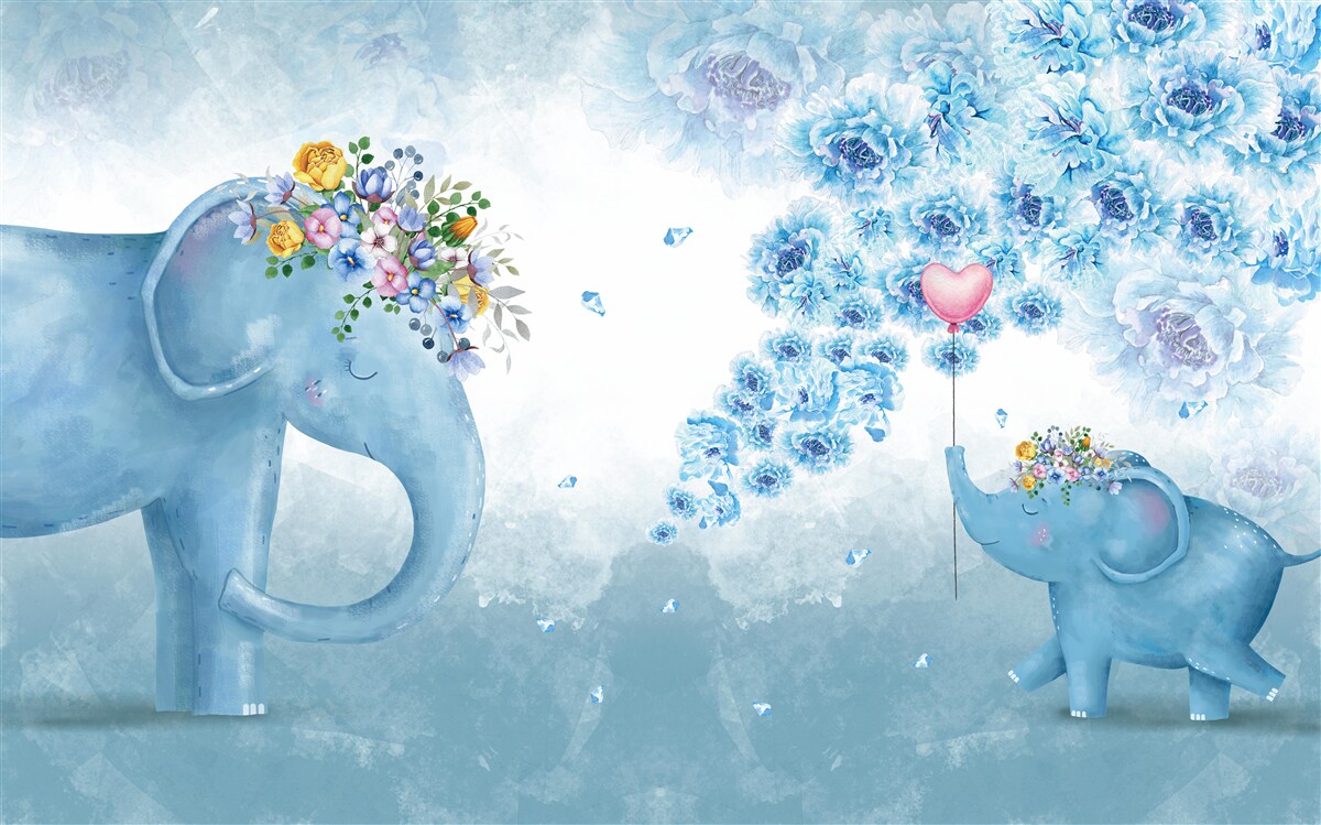 Papier peint petits éléphants avec des fleurs