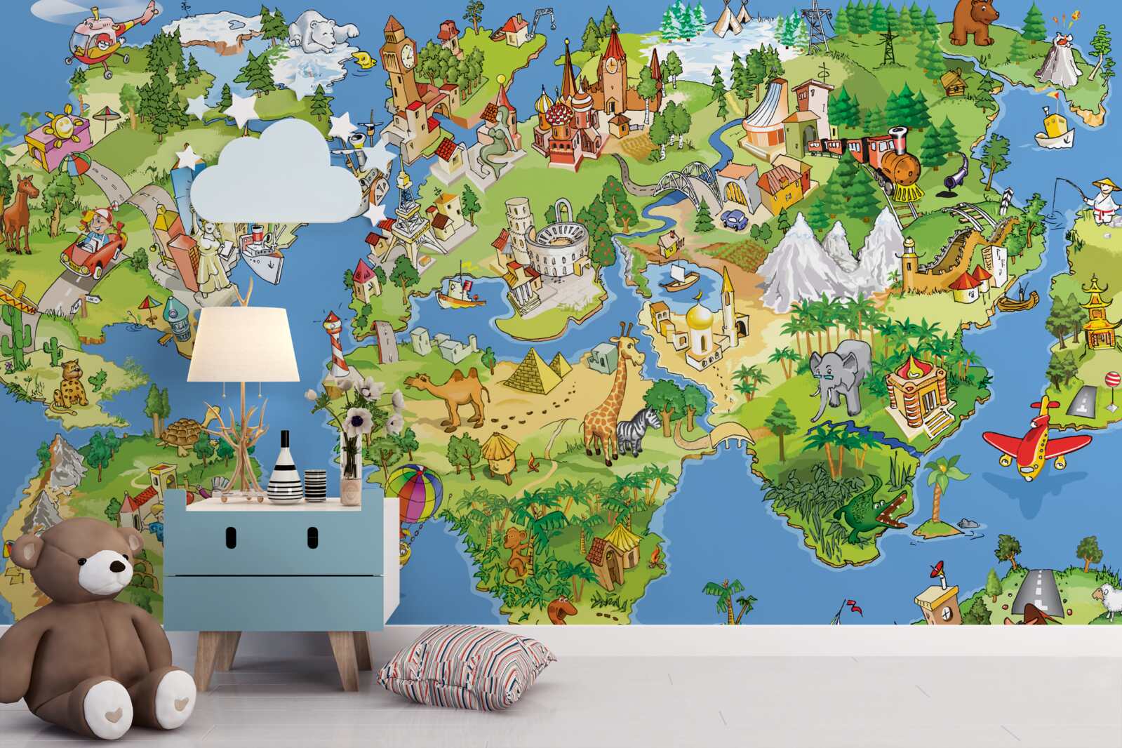 Papier peint carte du monde détaillée pour les enfants