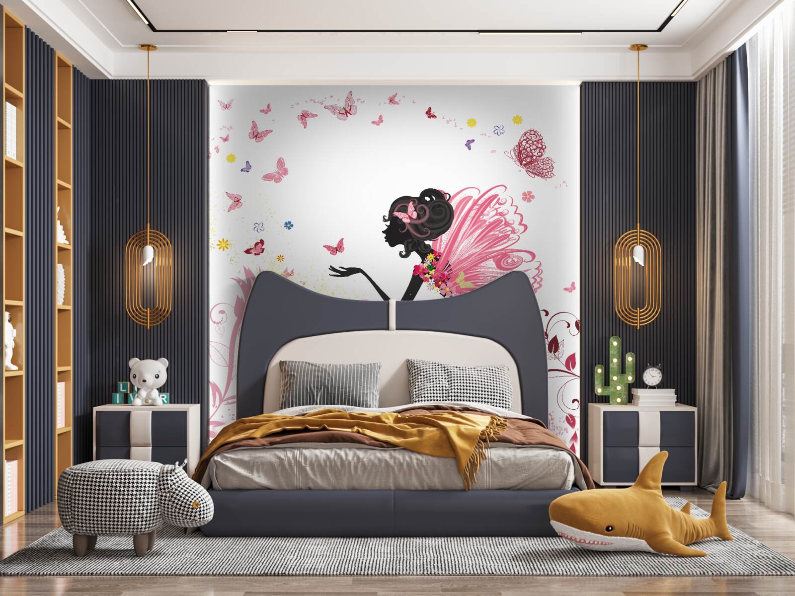 Papier peint image d'une fille entourée de papillons et de fleurs