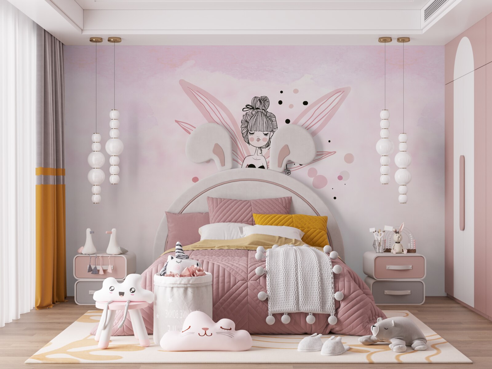 Papier peint fée sur fond rose