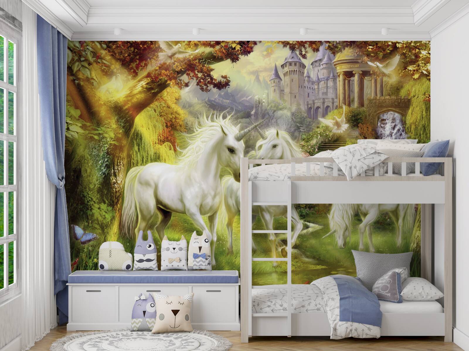 Papier peint Les licornes sont d'un blanc pur dans la forêt près du château.