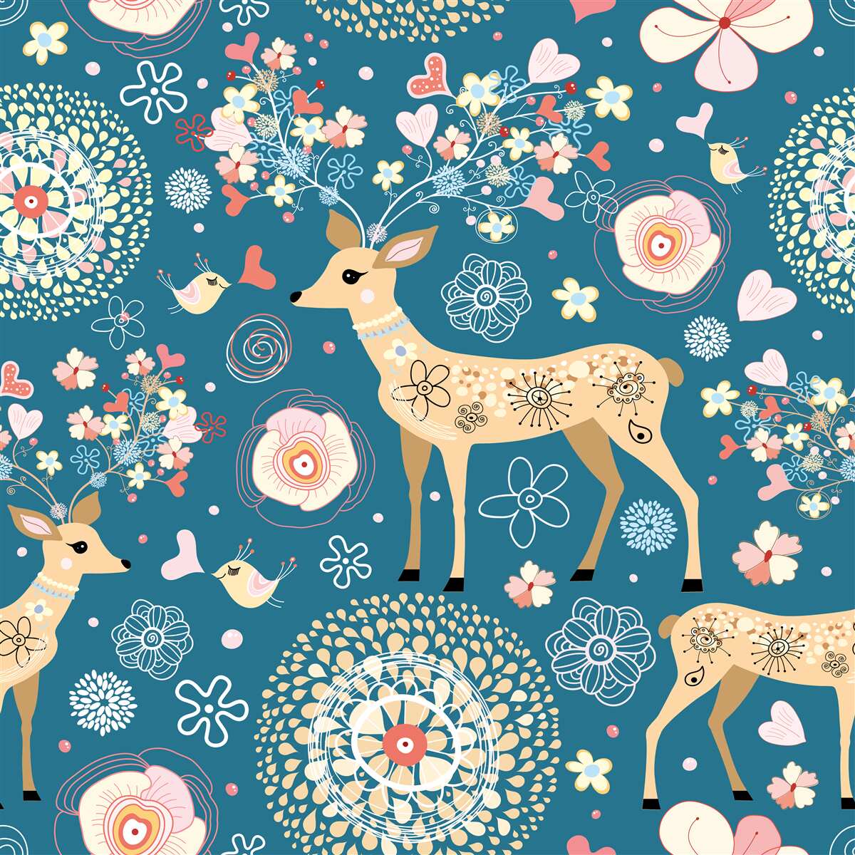 Papier peint des fleurs entourées de cerfs et d'oiseaux