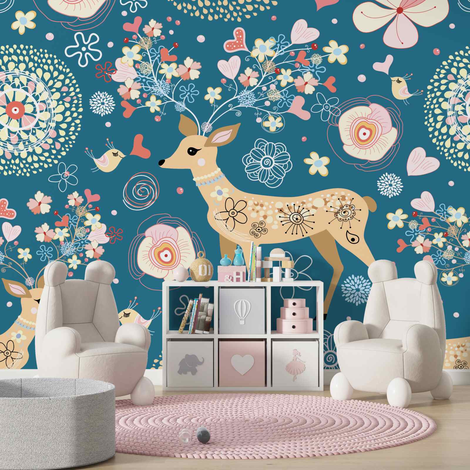 Papier peint des fleurs entourées de cerfs et d'oiseaux