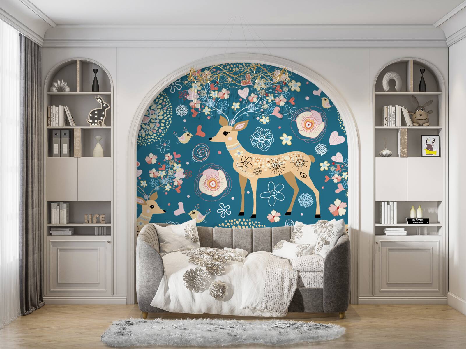 Papier peint des fleurs entourées de cerfs et d'oiseaux