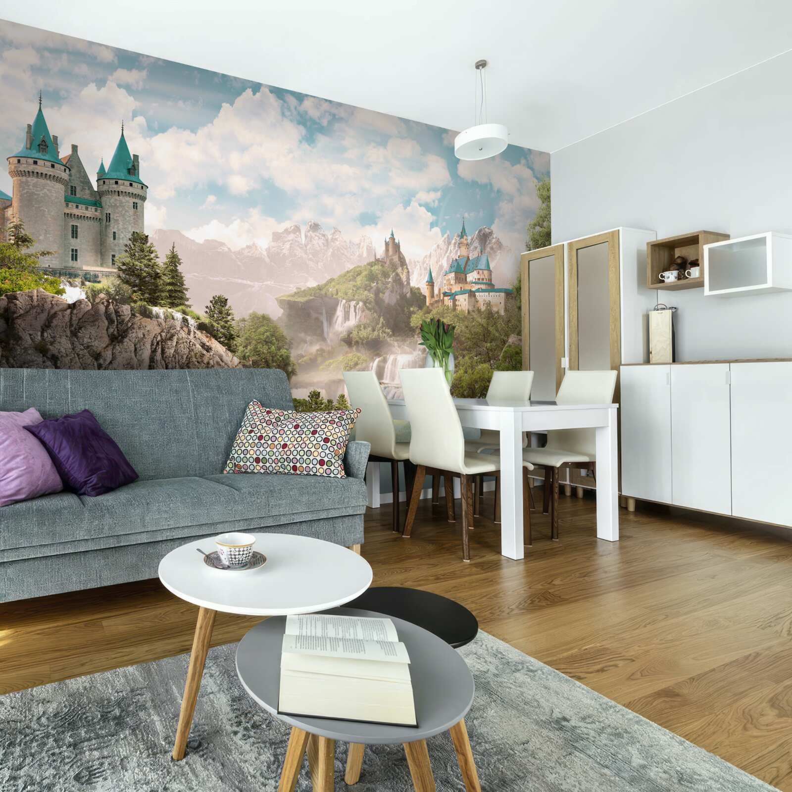 Papier peint vue sur les châteaux et les chutes d'eau