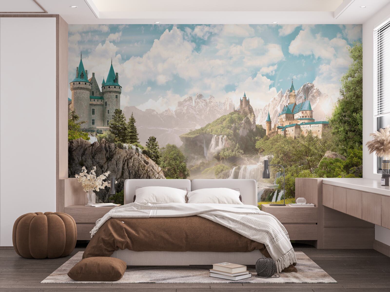 Papier peint vue sur les châteaux et les chutes d'eau
