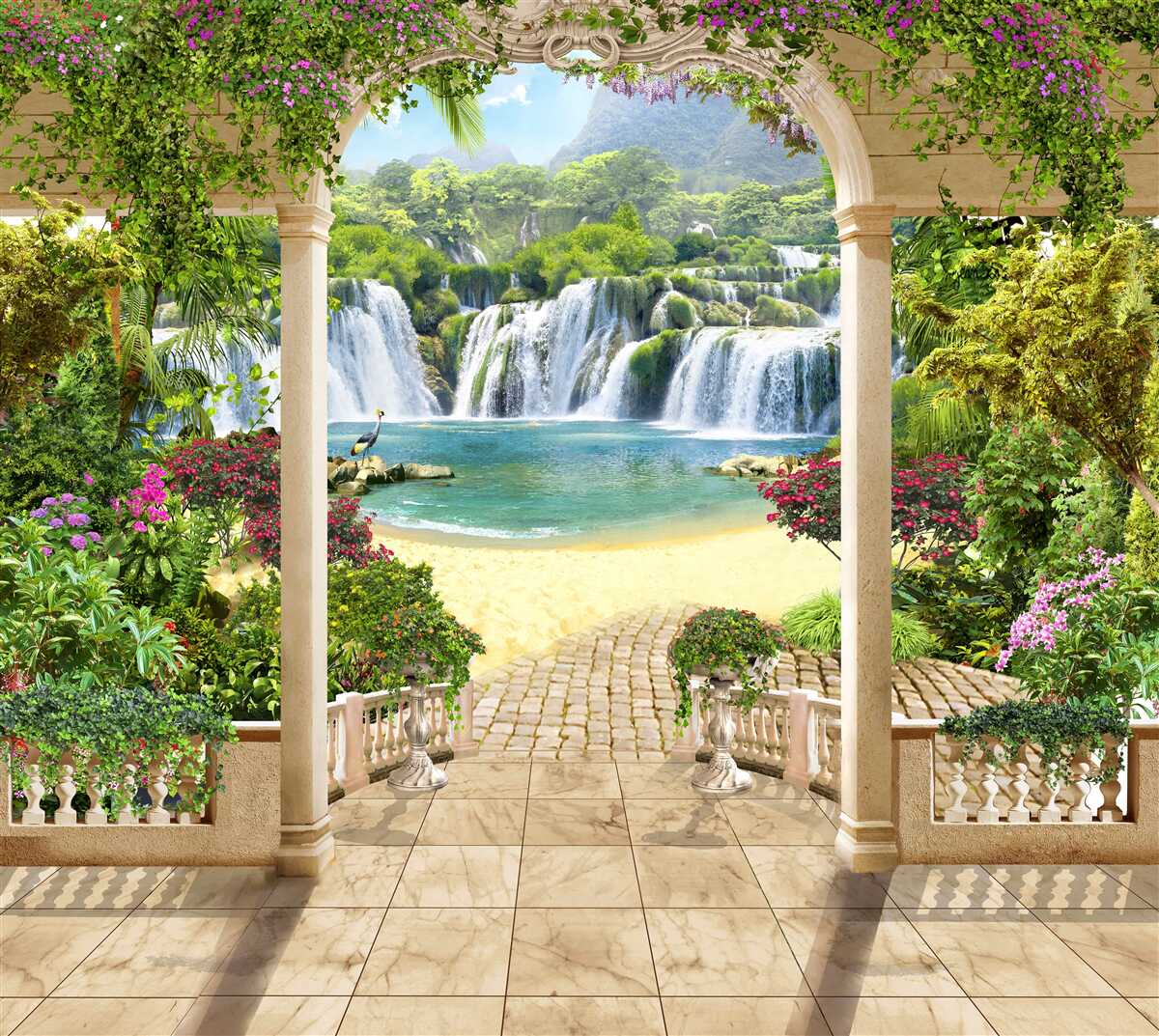 Papier peint vue de la cascade à travers l'arche