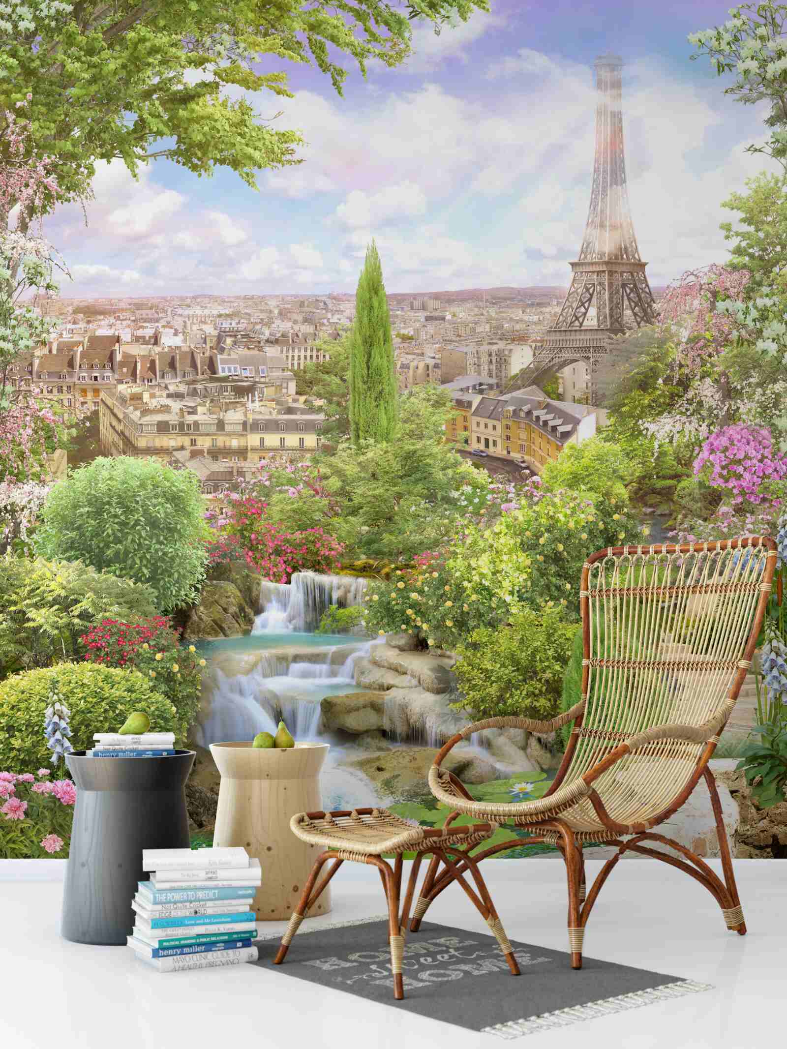 Papier peint jardin fleuri avec vue sur la tour eiffel