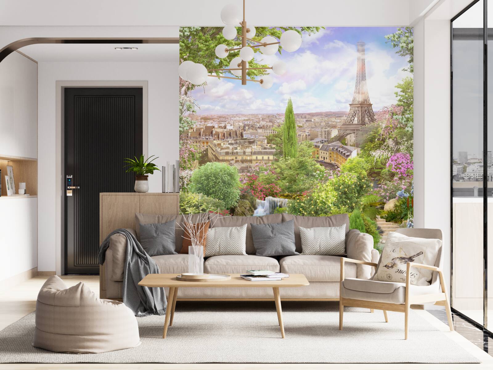 Papier peint jardin fleuri avec vue sur la tour eiffel