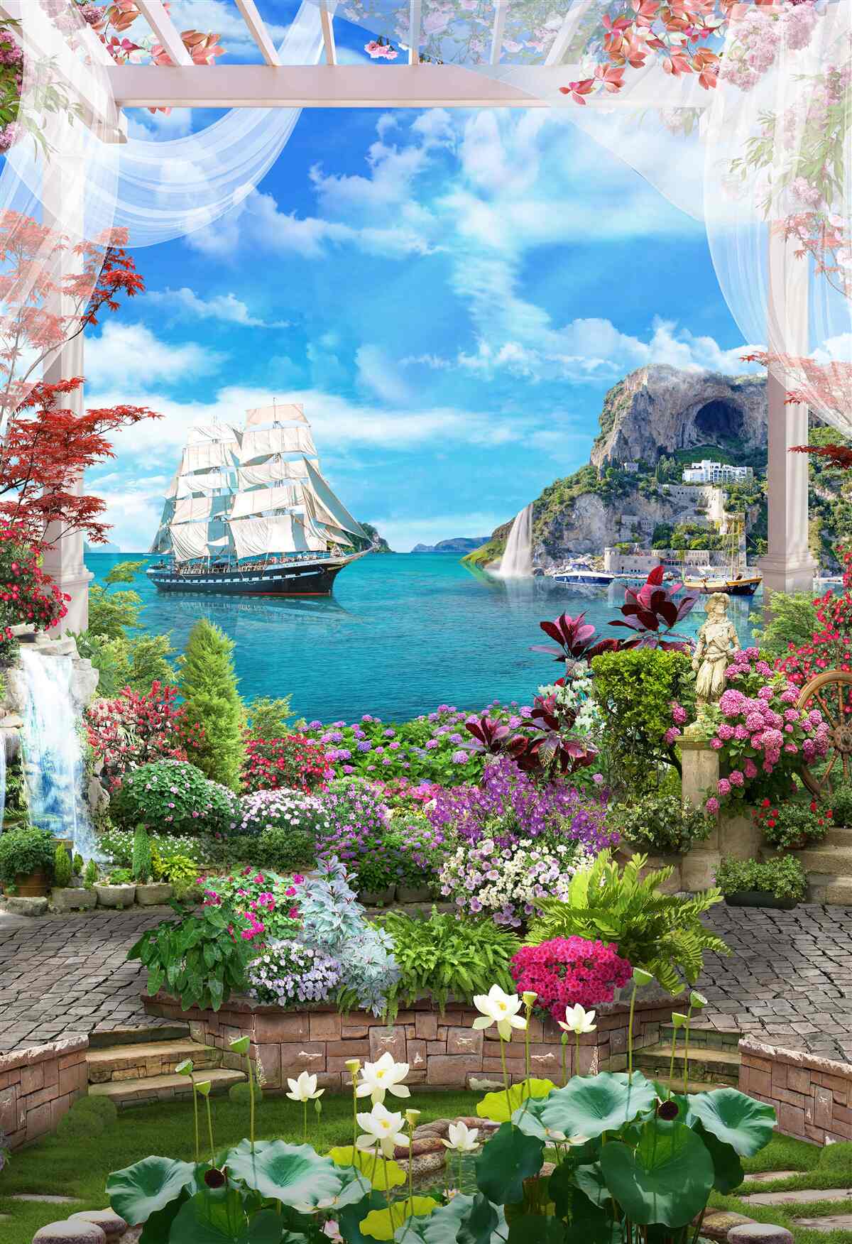 Papier peint jardin avec vue sur la mer et les navires