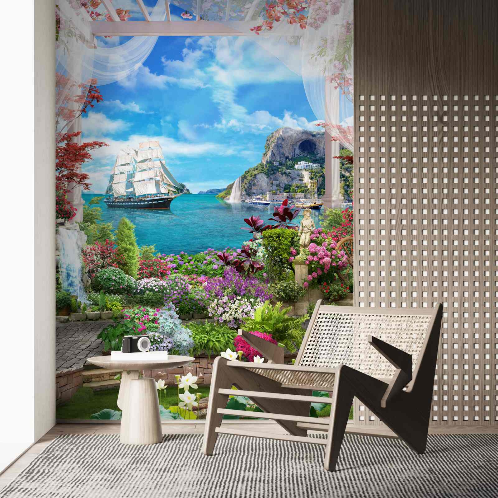 Papier peint jardin avec vue sur la mer et les navires