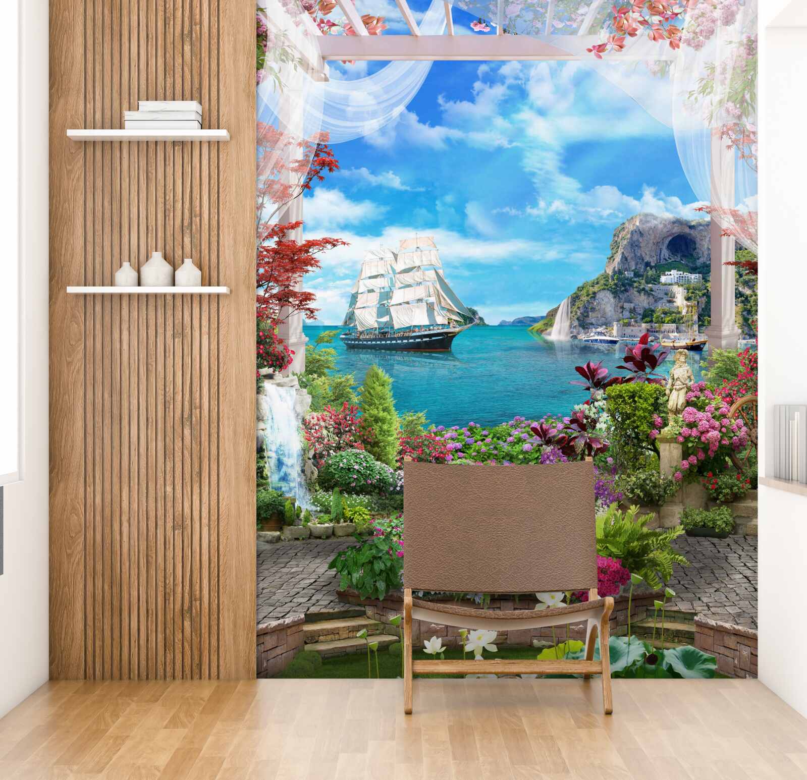Papier peint jardin avec vue sur la mer et les navires