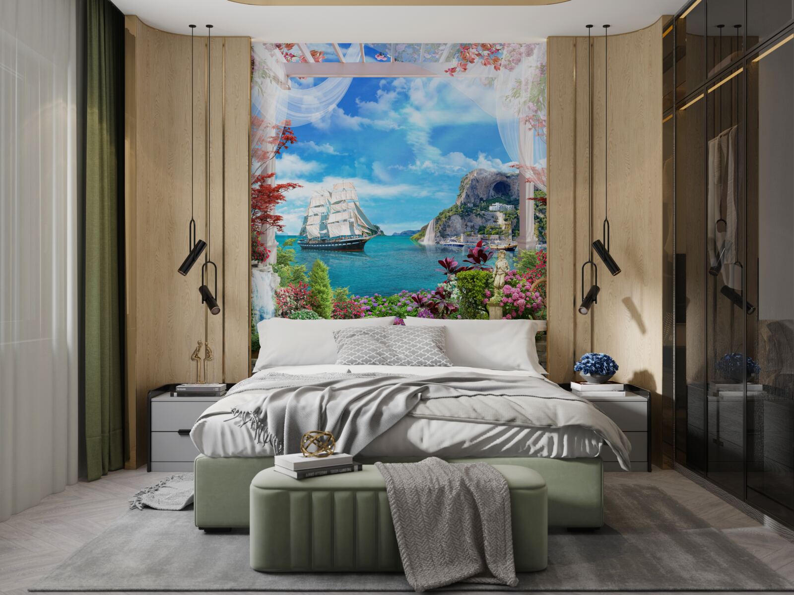 Papier peint jardin avec vue sur la mer et les navires