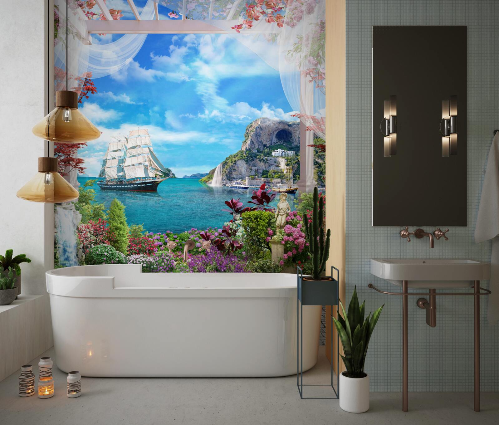 Papier peint jardin avec vue sur la mer et les navires