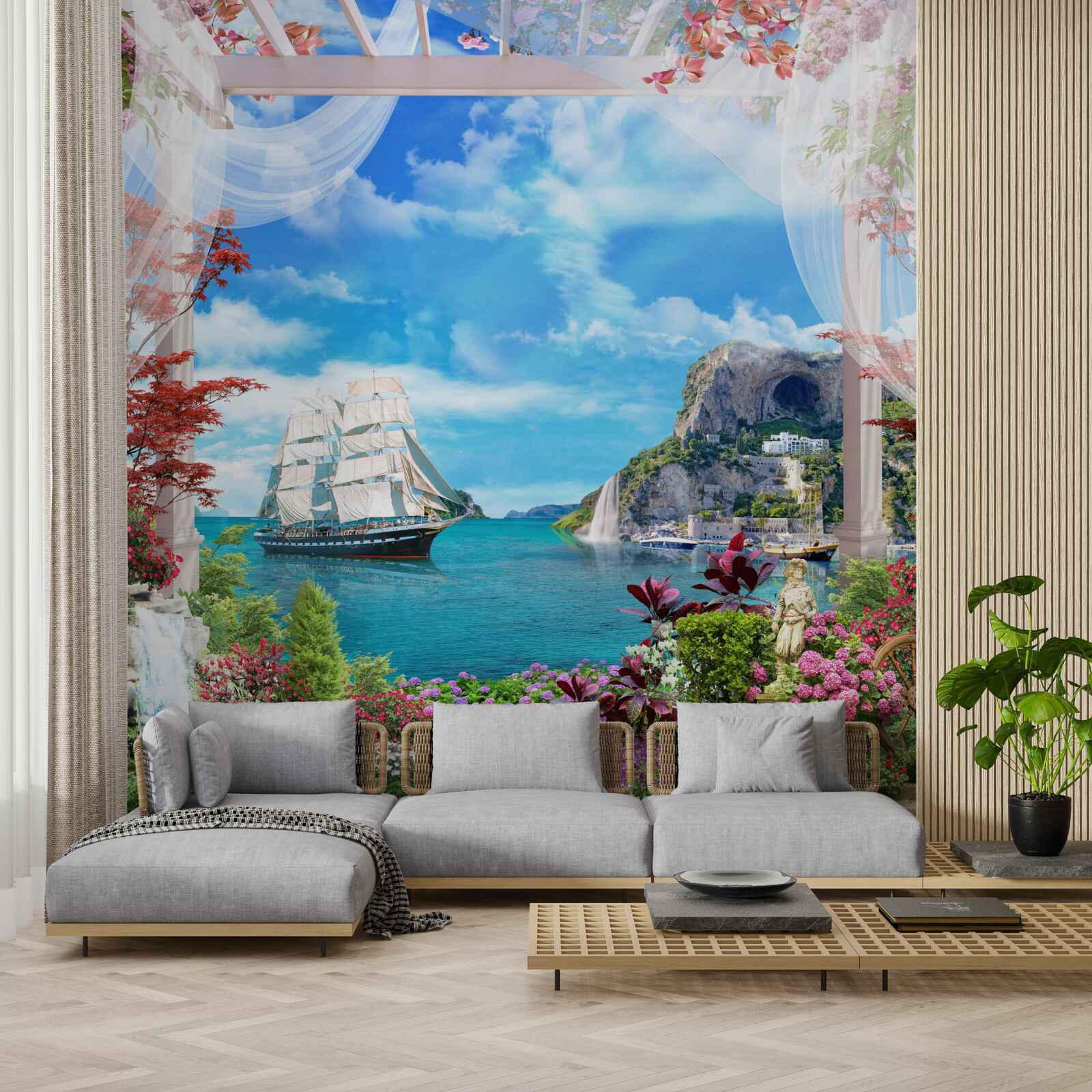 Papier peint jardin avec vue sur la mer et les navires