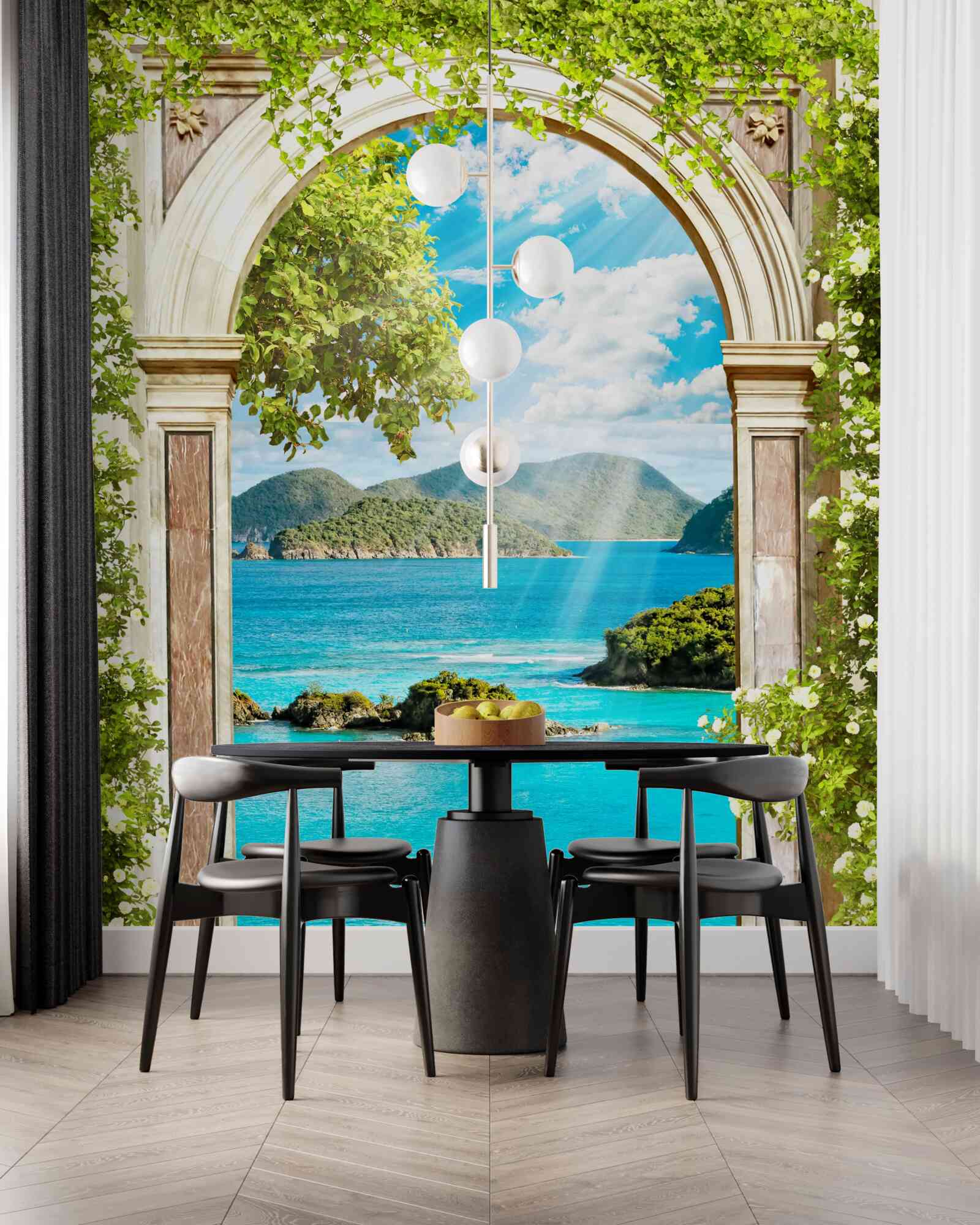 Papier peint arche verte avec vue imprenable sur la mer