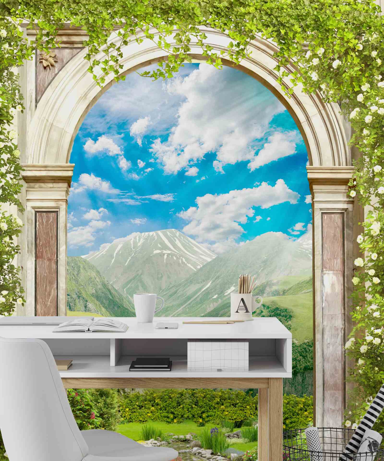 Papier peint arche avec vue sur la rivière et les montagnes