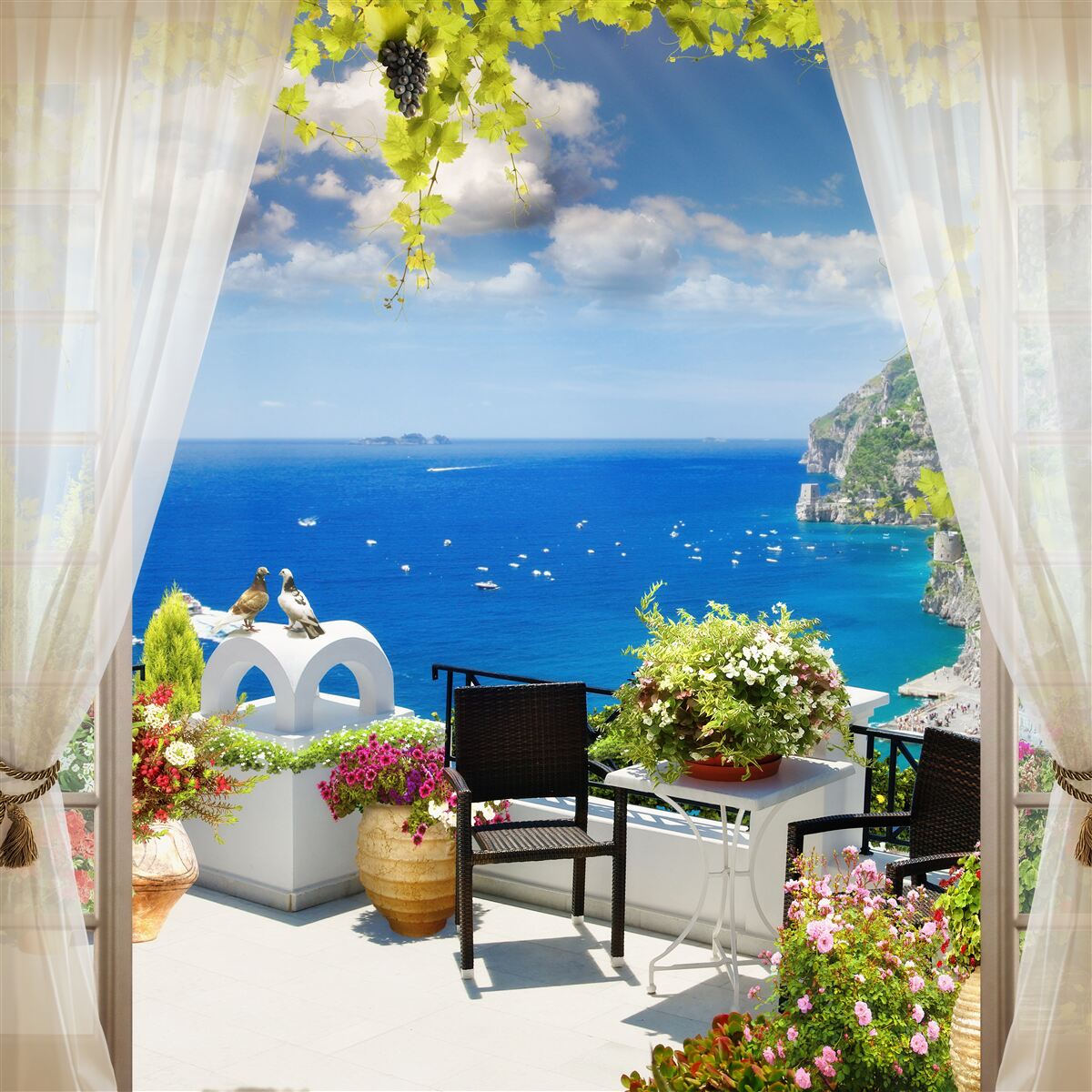 Papier peint petit balcon avec une vue pittoresque sur l'océan