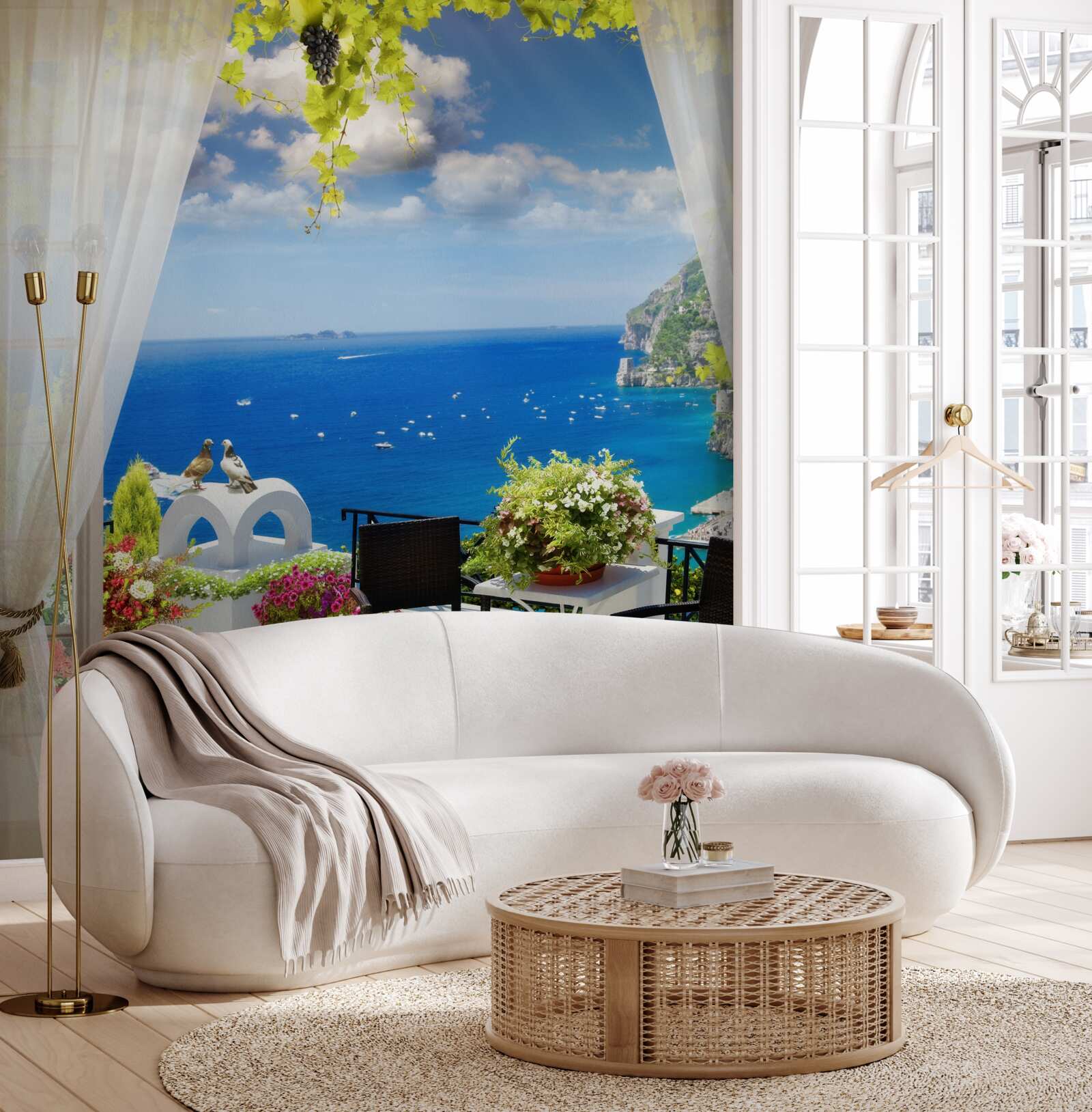 Papier peint petit balcon avec une vue pittoresque sur l'océan