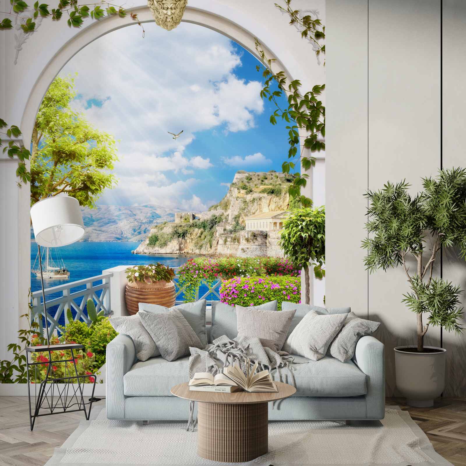 Papier peint fenêtre avec vue sur la montagne et la mer