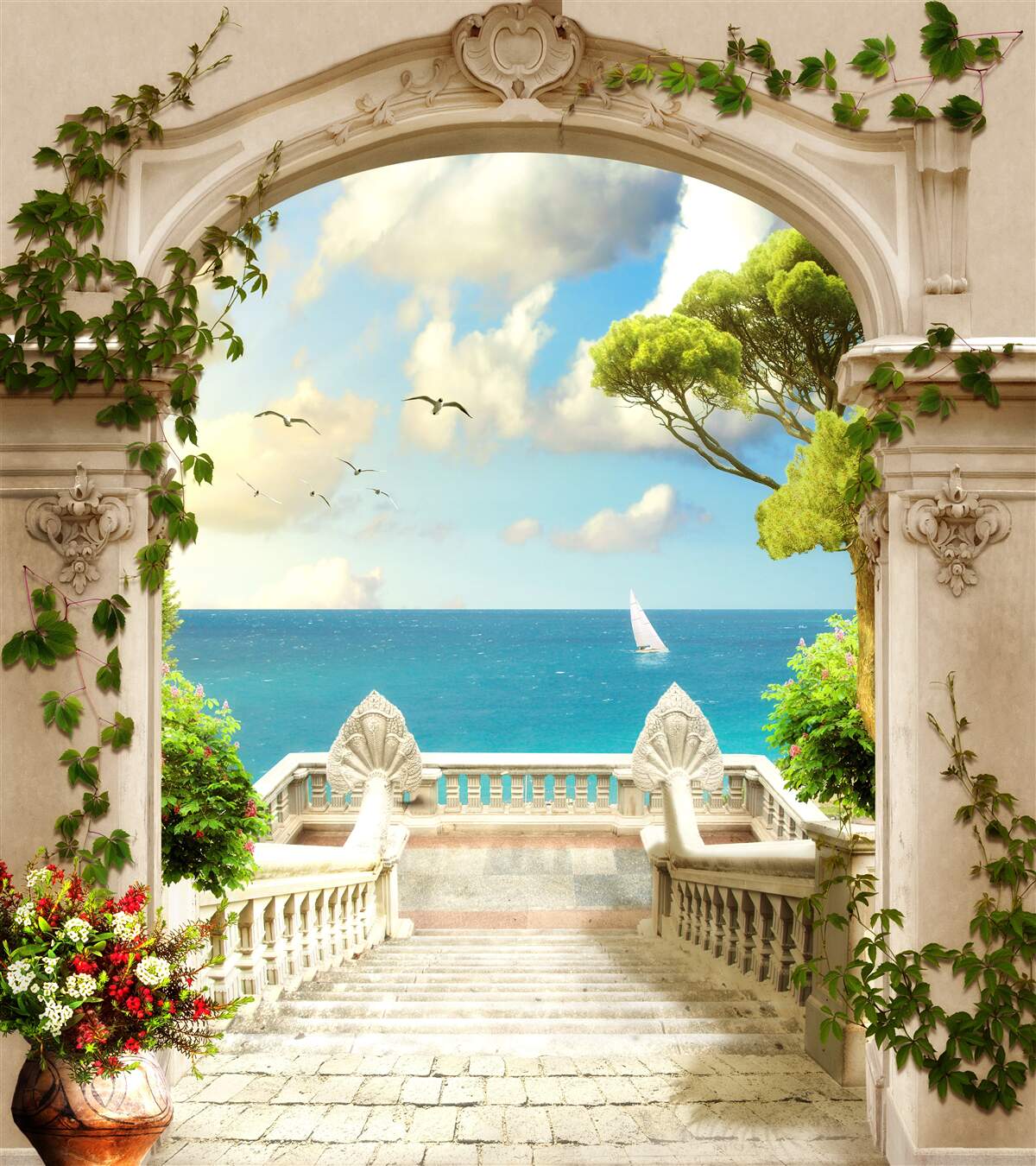 Papier peint passage à un endroit avec une vue magnifique sur la mer