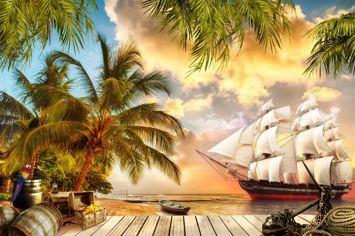 Papier peint bateau aux voiles blanches