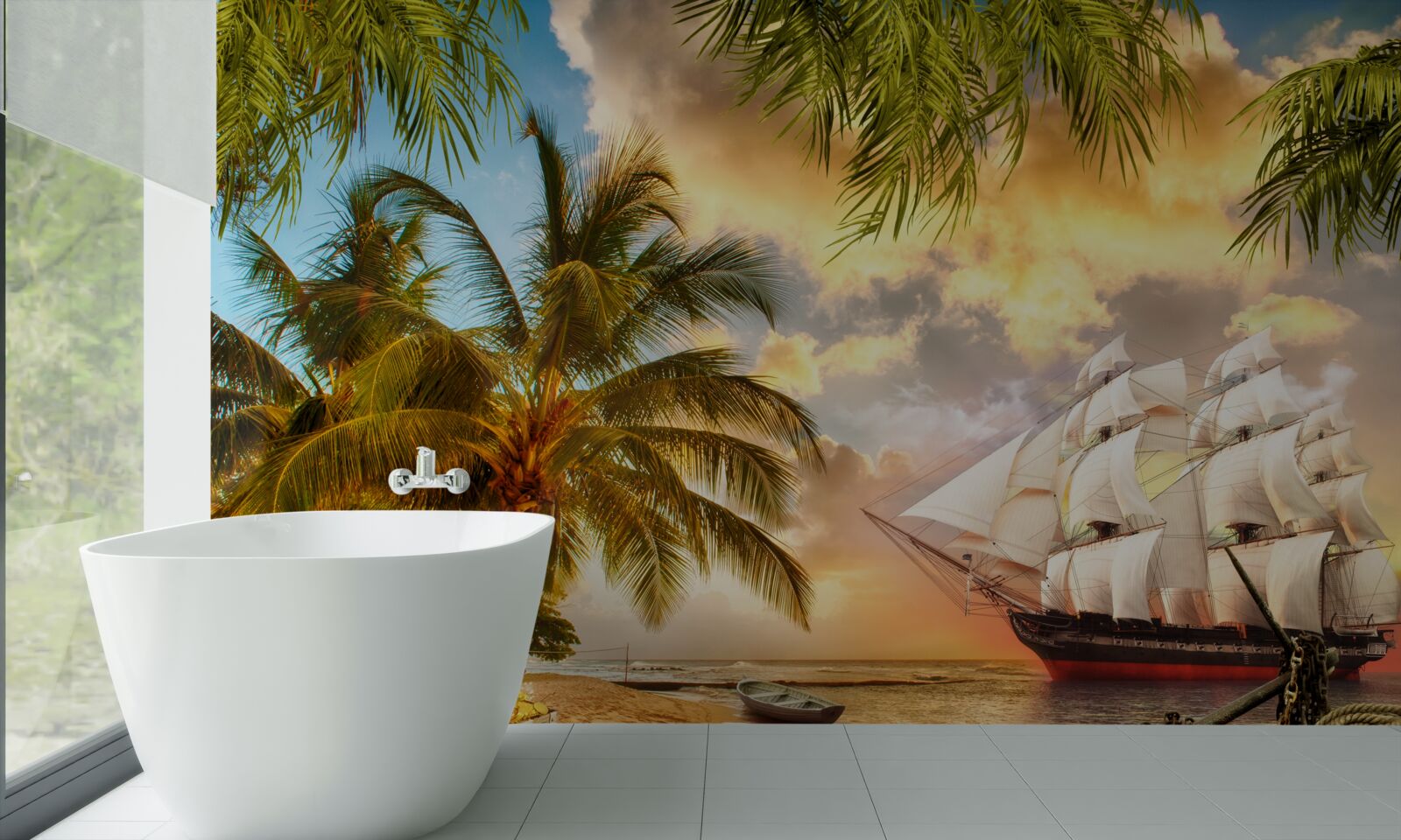Papier peint bateau aux voiles blanches