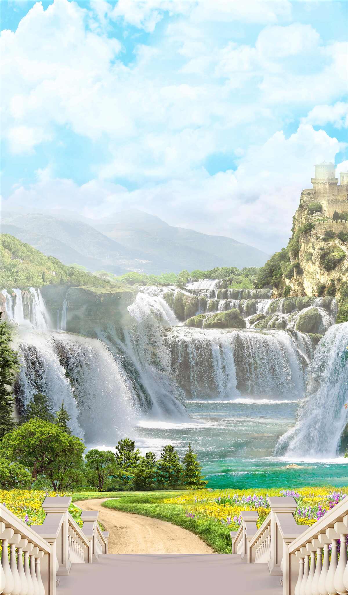 Papier peint chemin menant aux chutes d'eau