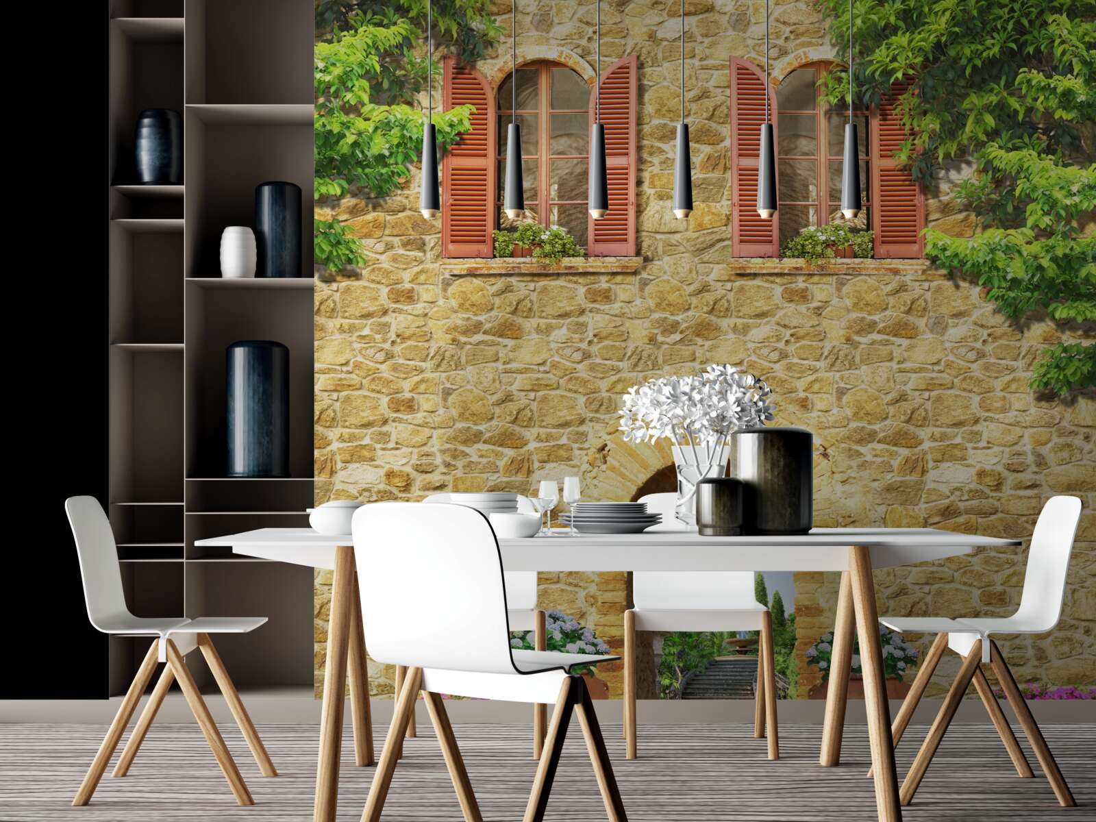 Papier peint maison en pierre avec fenêtres