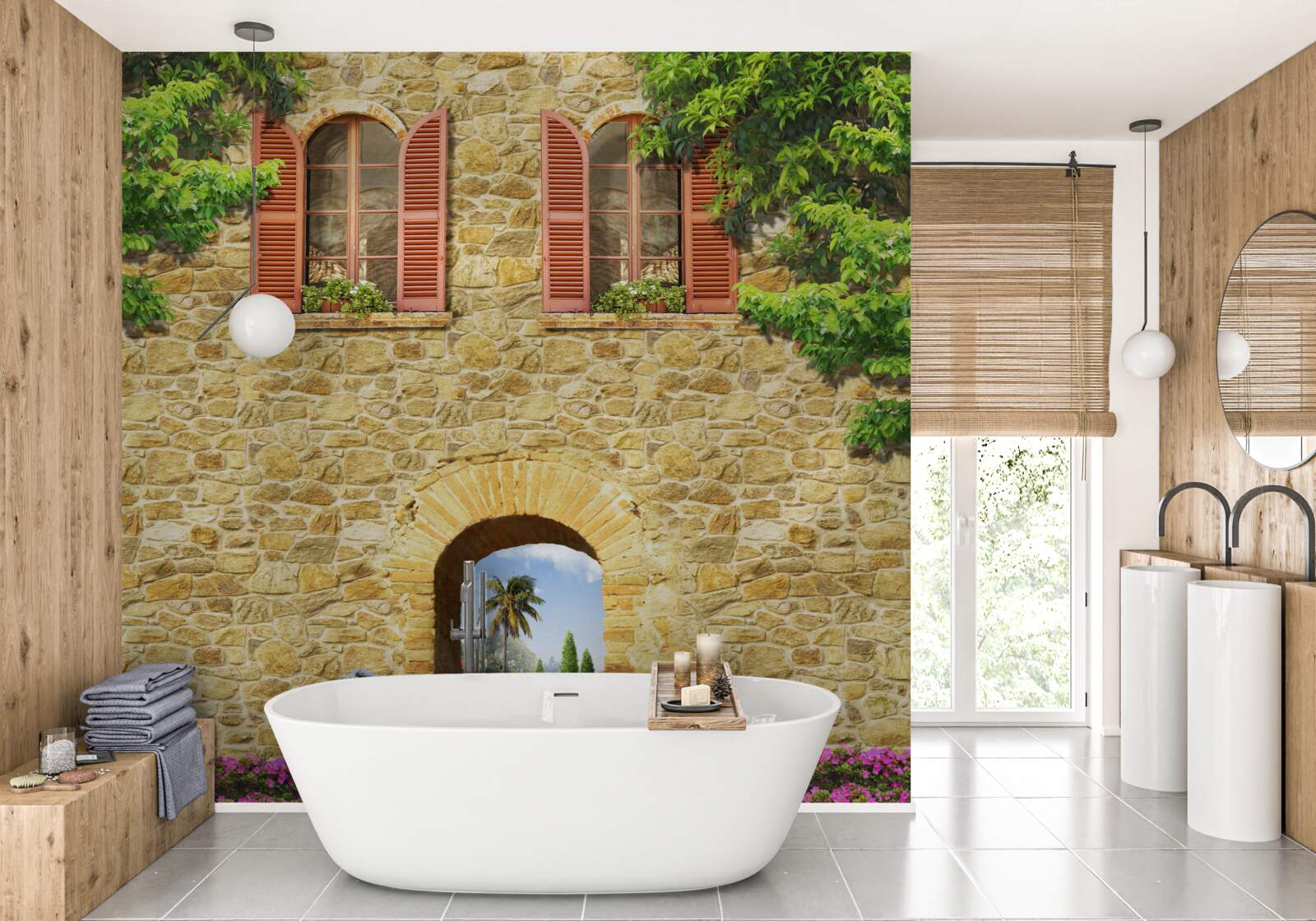 Papier peint maison en pierre avec fenêtres
