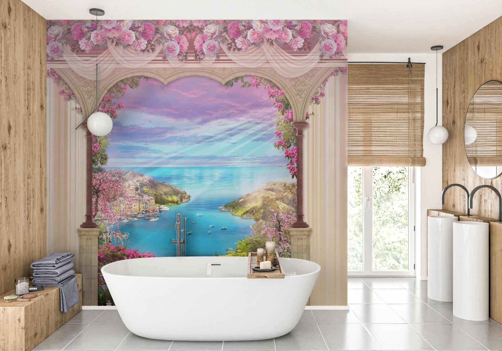 Papier peint arche décorée de fleurs roses