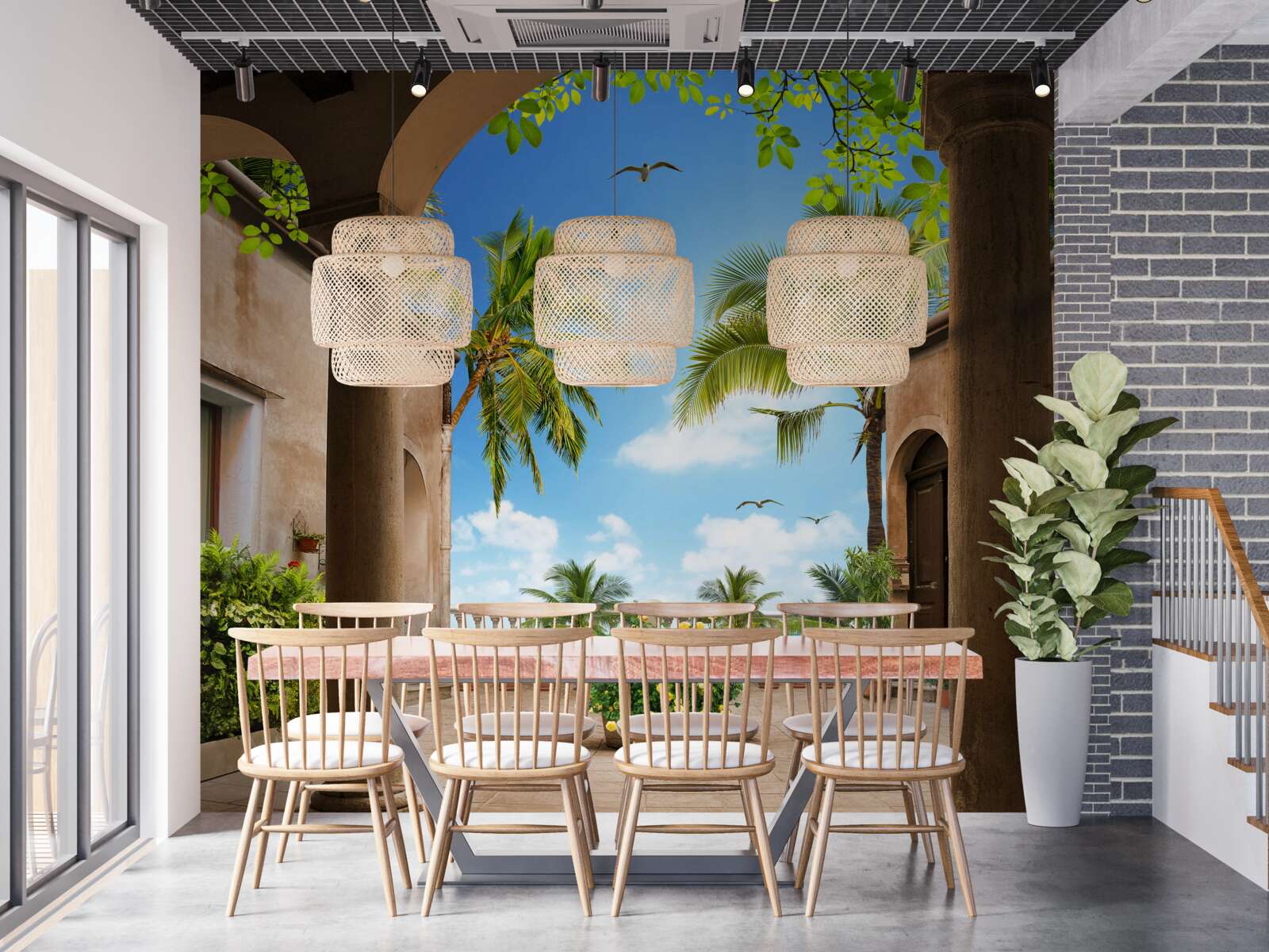 Papier peint terrasse décorée de plantes vertes