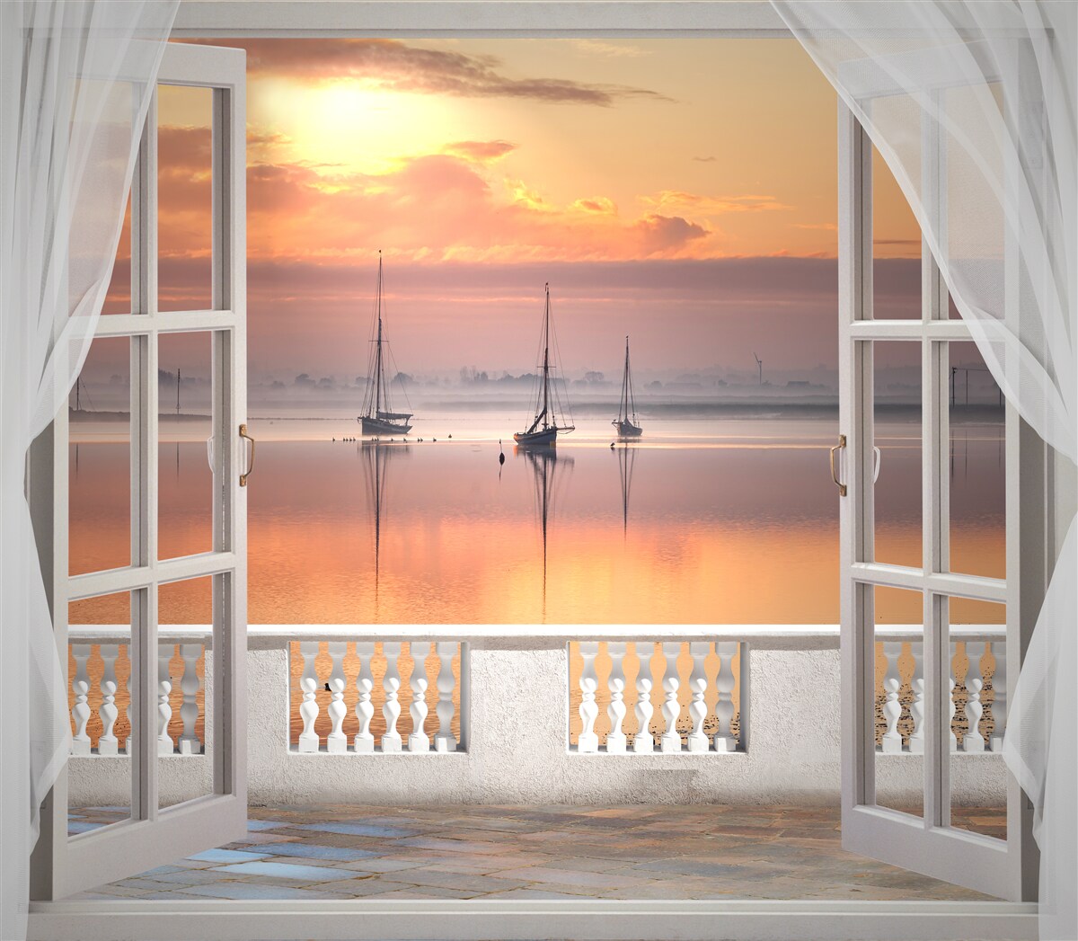 Papier peint paysage de coucher de soleil depuis un balcon blanc comme neige