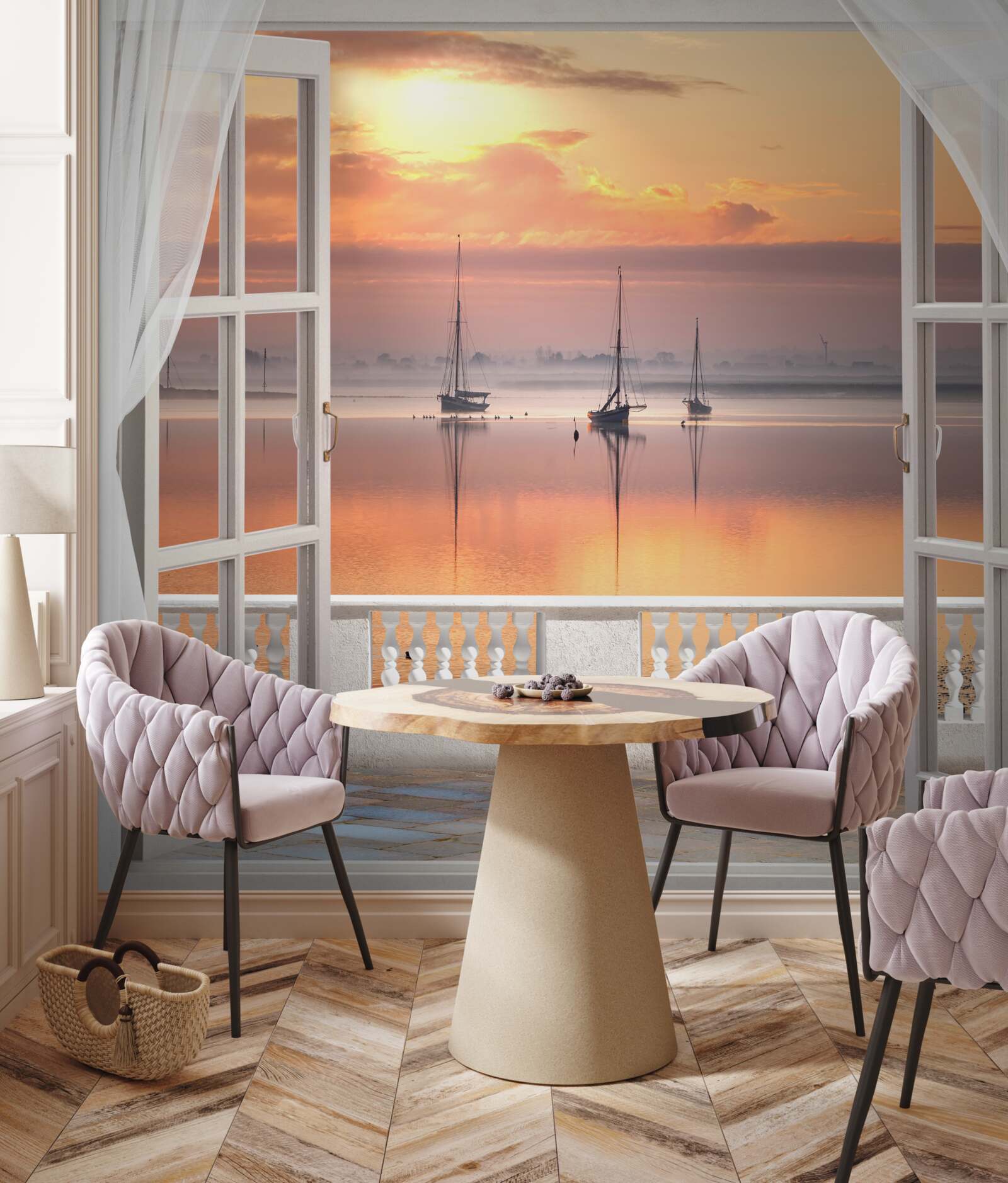 Papier peint paysage de coucher de soleil depuis un balcon blanc comme neige
