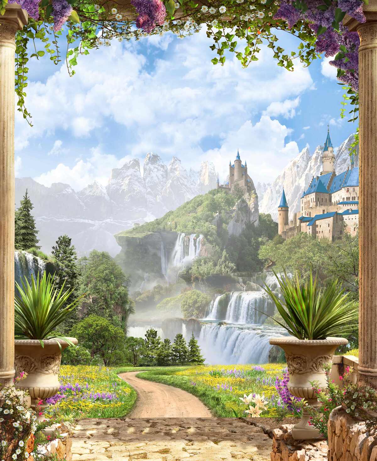 Papier peint plate-forme avec vue sur le château et la cascade