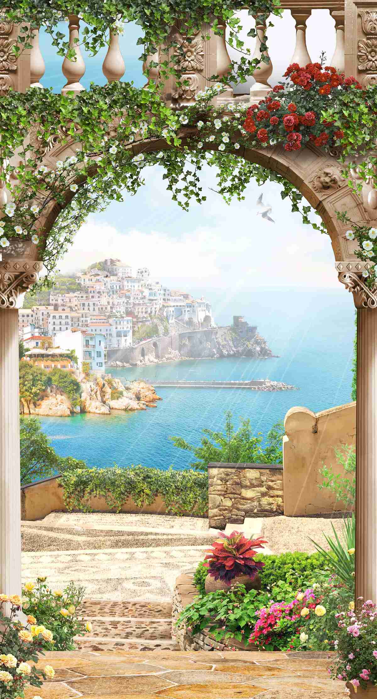 Papier peint vue imprenable sur la mer et la ville depuis le balcon