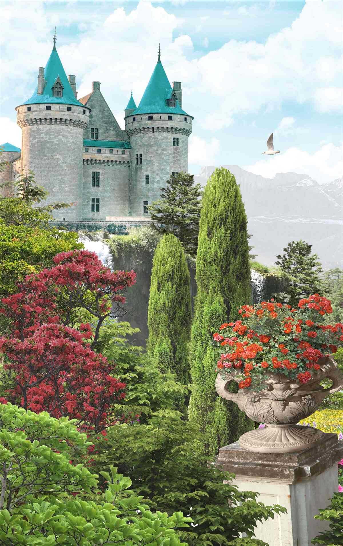 Papier peint château de conte de fées entouré de verdure