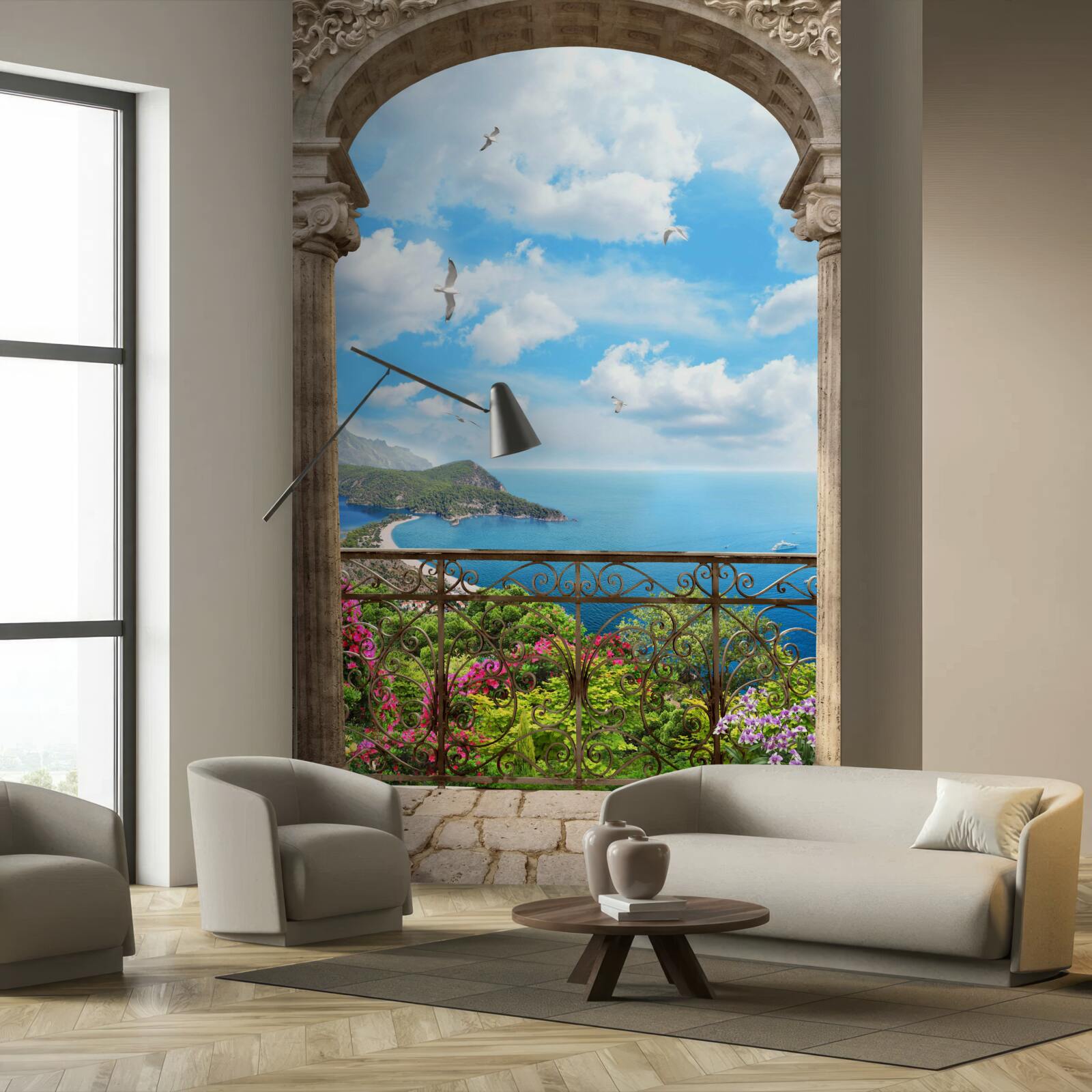 Papier peint balcon en arc de cercle avec vue sur l'océan