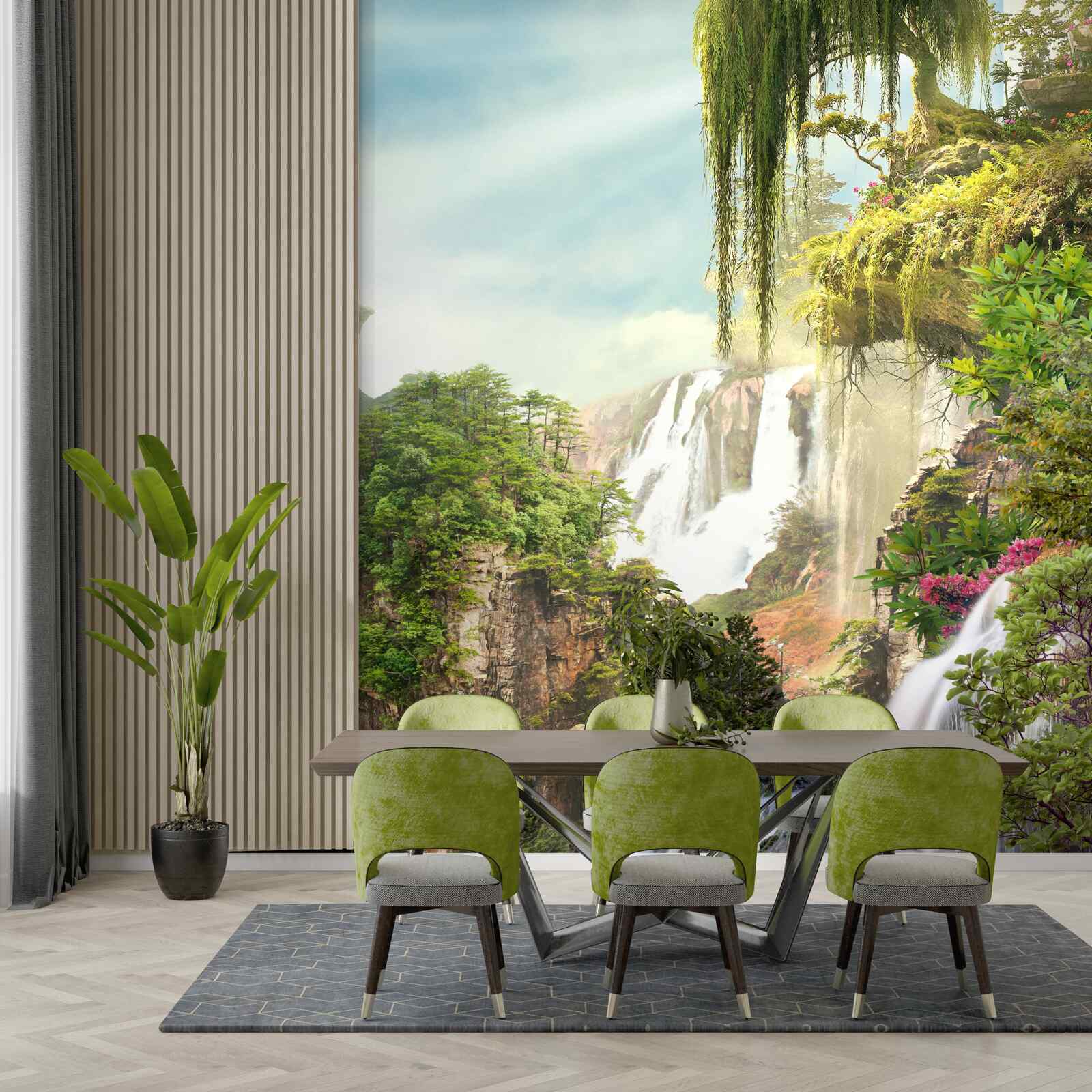 Papier peint la verdure entoure les chutes d'eau