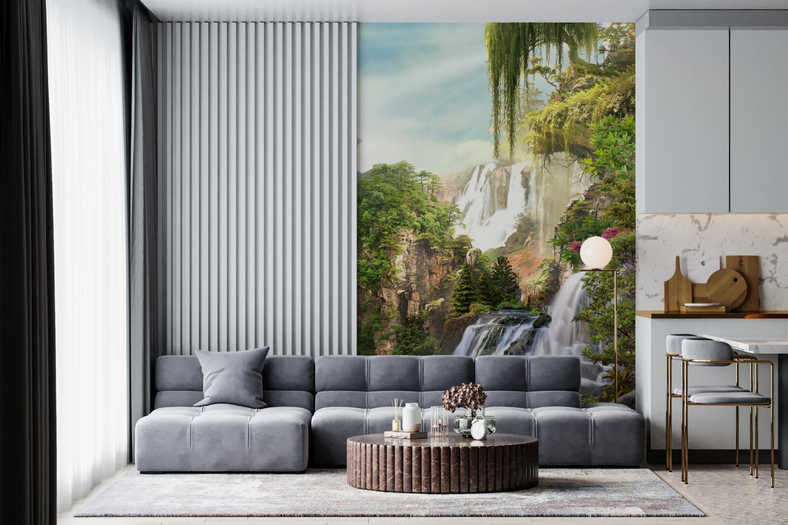 Papier peint la verdure entoure les chutes d'eau