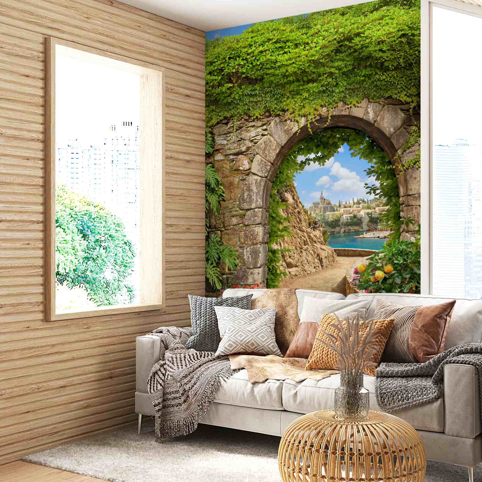 Papier peint arche de pierre recouverte de verdure
