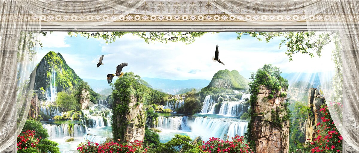 Papier peint paysage avec montagnes et chutes d'eau