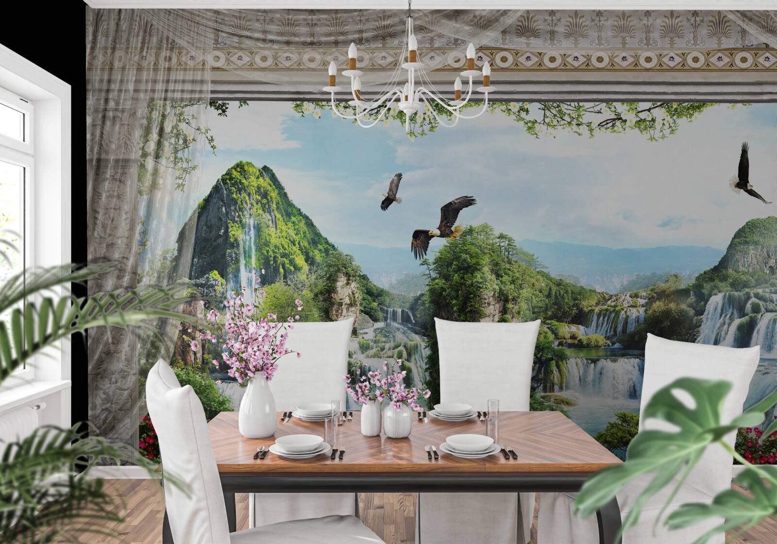 Papier peint paysage avec montagnes et chutes d'eau